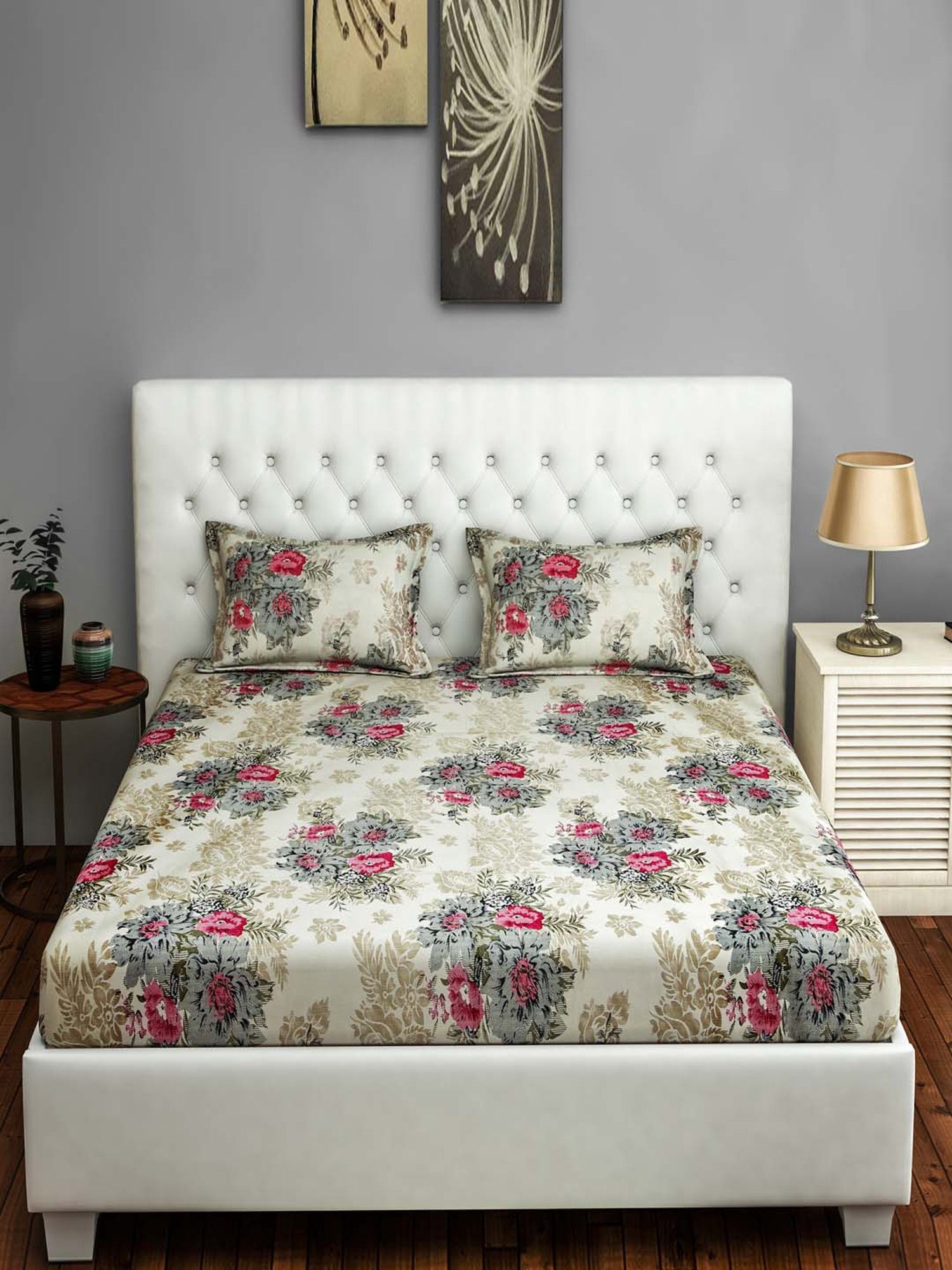 Swayam Floral Pink 144 TC Cotton King Bedsheet with 2 Pillow Covers