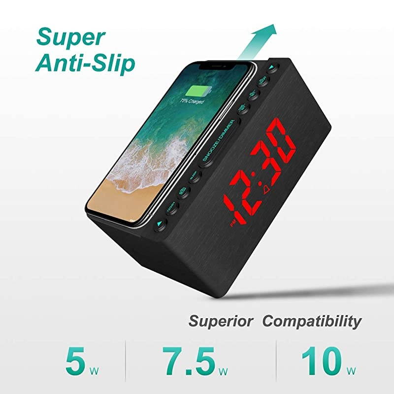 Wooden Alarm Clock with FM Radio 10W Super Fast Wireless Charger Station for iPhoneSamsung 5 Level Dimmer USB Charging Port Sleep Timer Digital LED Clock for Bedroom