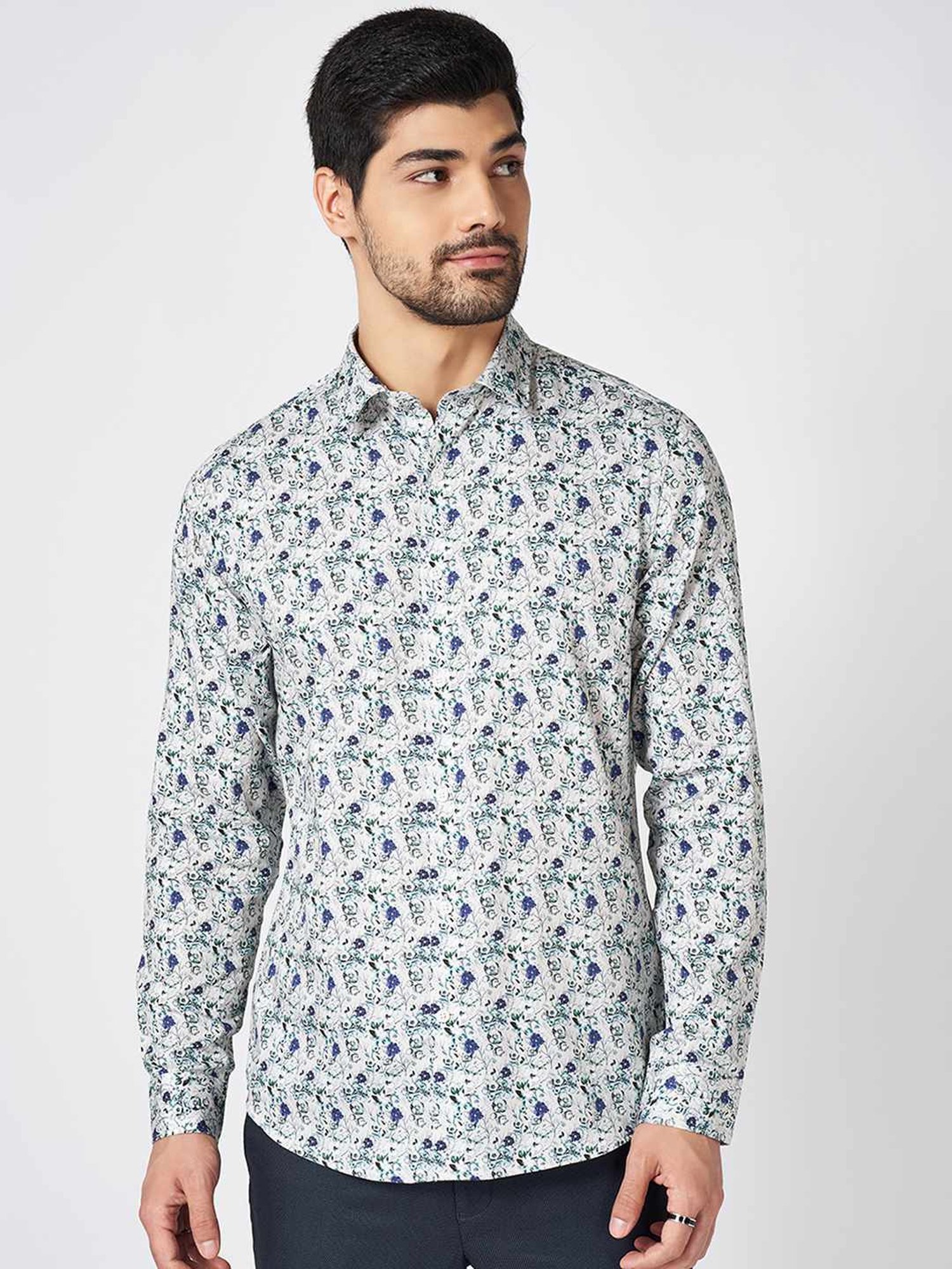 Peregrine By Pantaloons White Cotton Slim Fit Printed Shirt