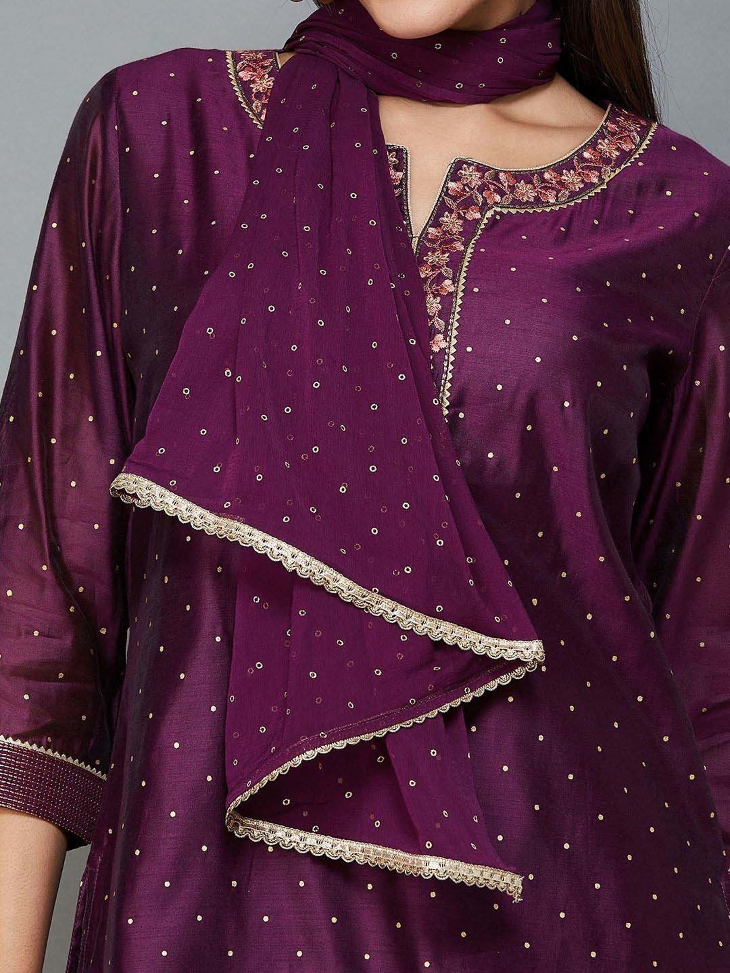 Melange by Lifestyle Wine Embellished Kurti Palazzo Set With Dupatta