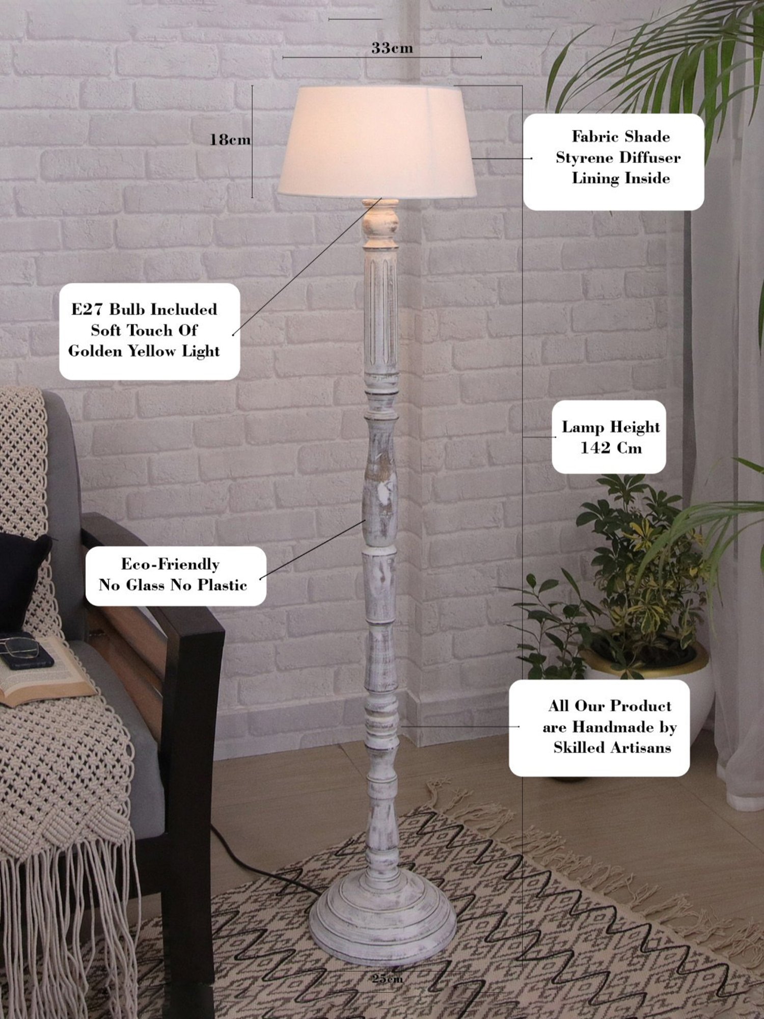 Homesake 'Antique' White & Brown Wood Tall Floor Lamp With Shade & Bulb - Set of 1