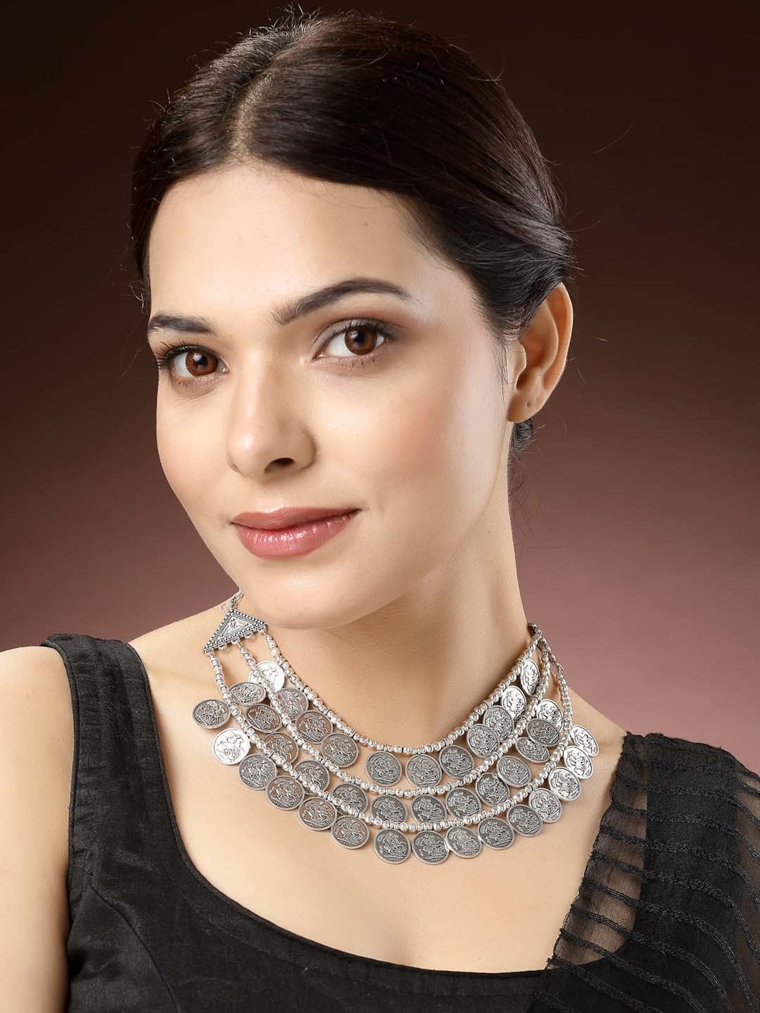 NVR 3 Layered Artificial Beads German Silver Oxidized Necklace for Women