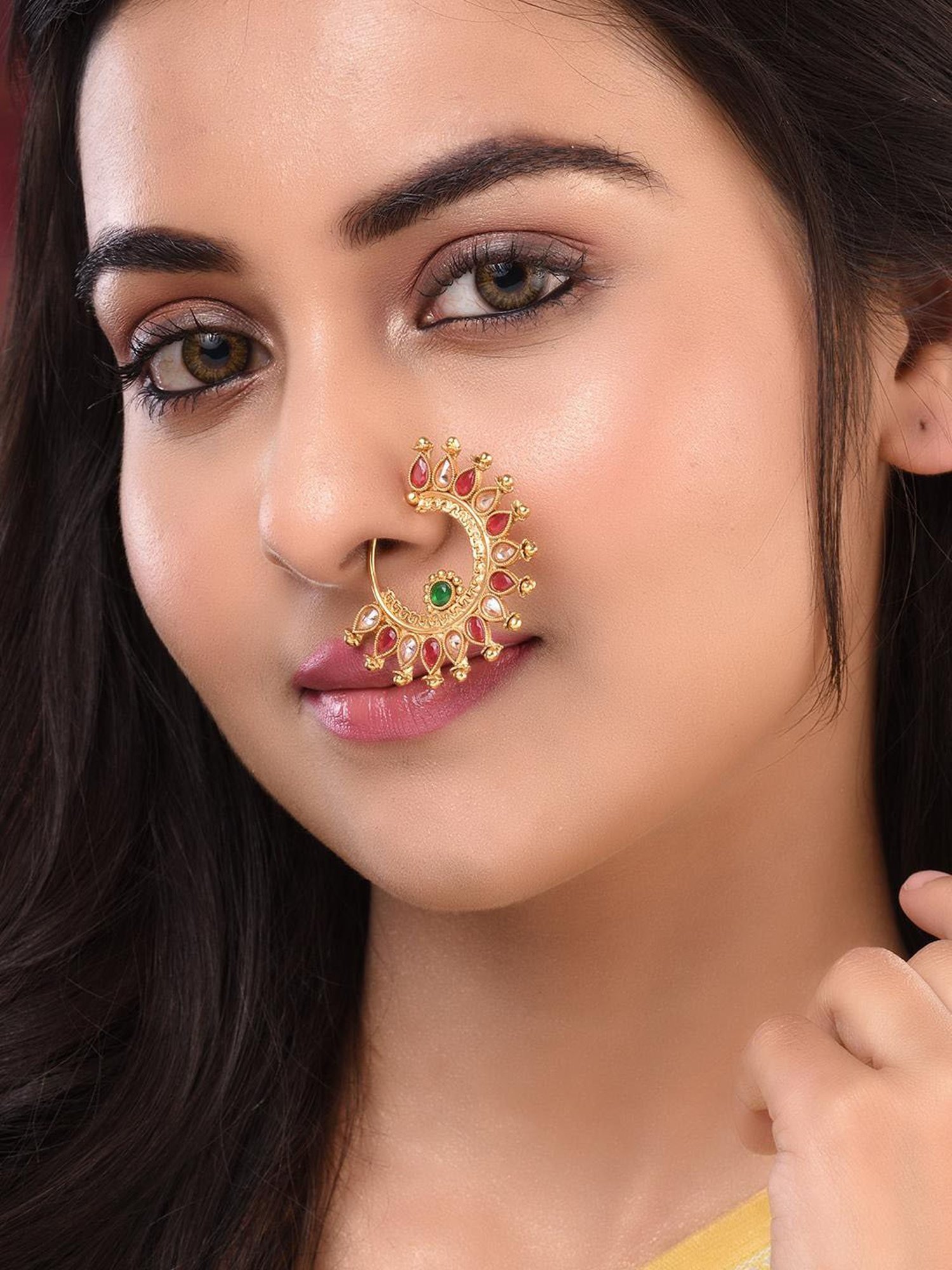 Saraf Rs Jewellery Gold Plated Red Polki Studded Modern Nose Ring
