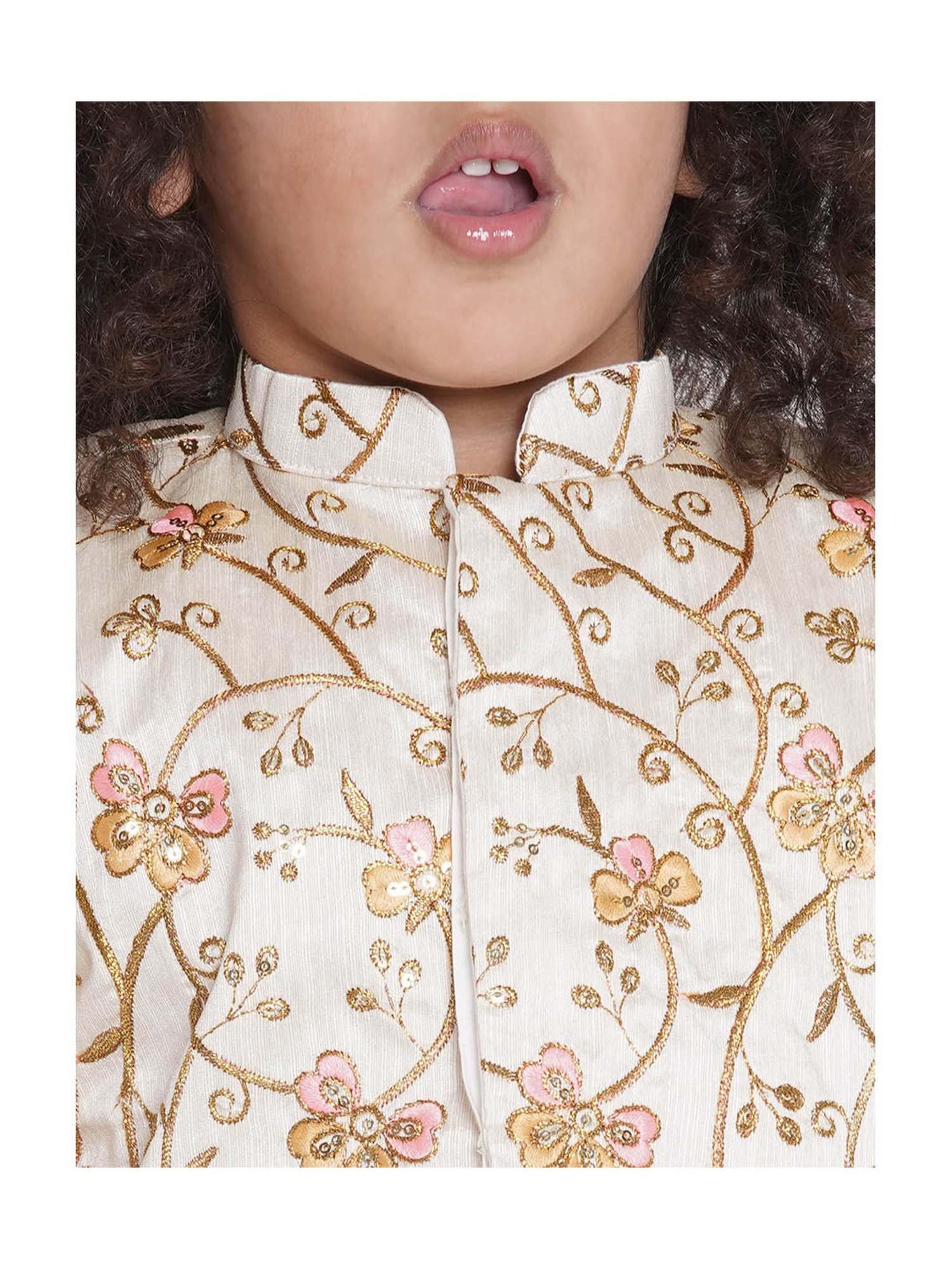 Little Bansi Kids Cream Embroidered Full Sleeves Kurta , Jacket with Dhoti