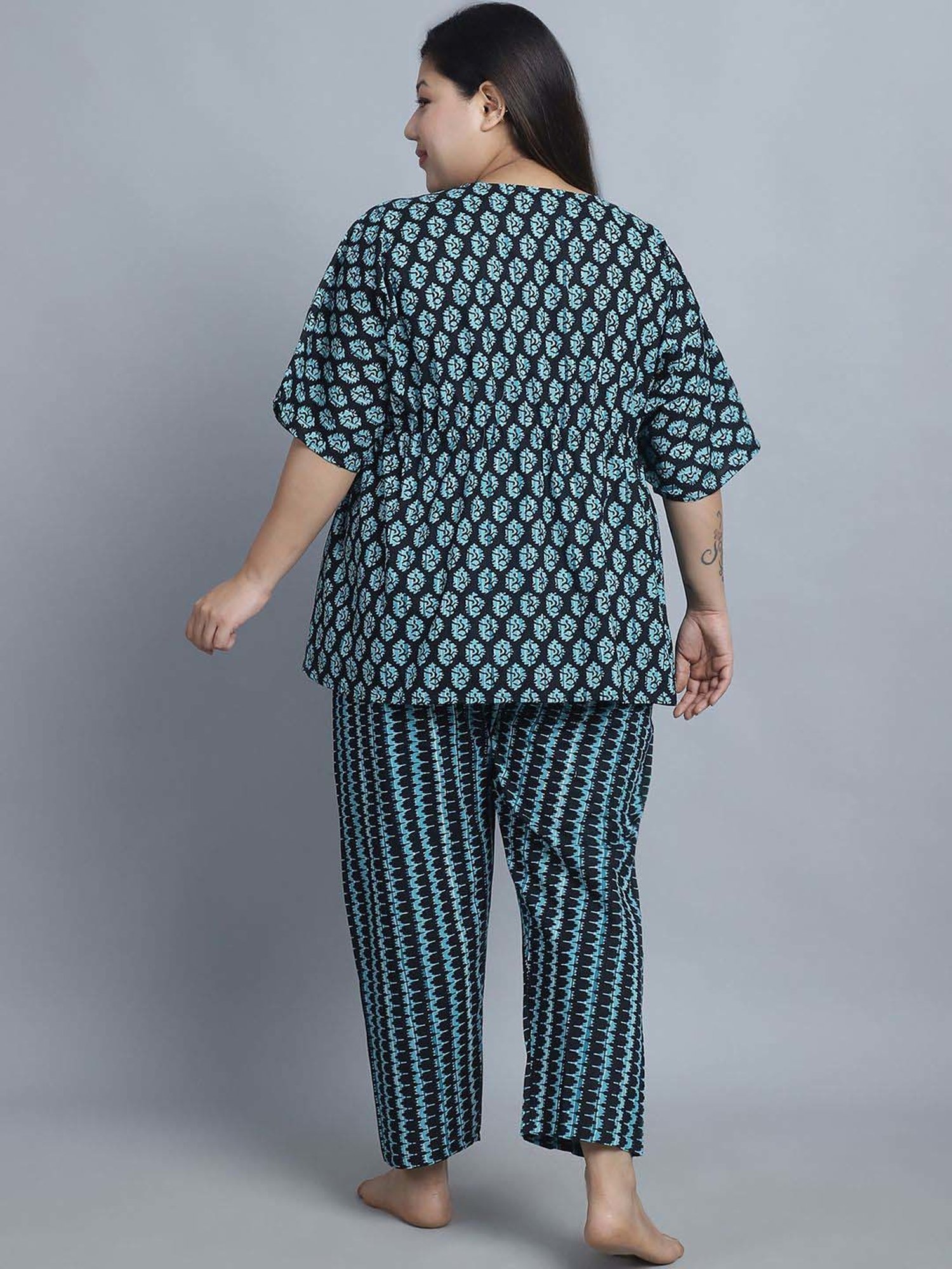 TAG 7 Blue Cotton Printed Top Pyjamas Set