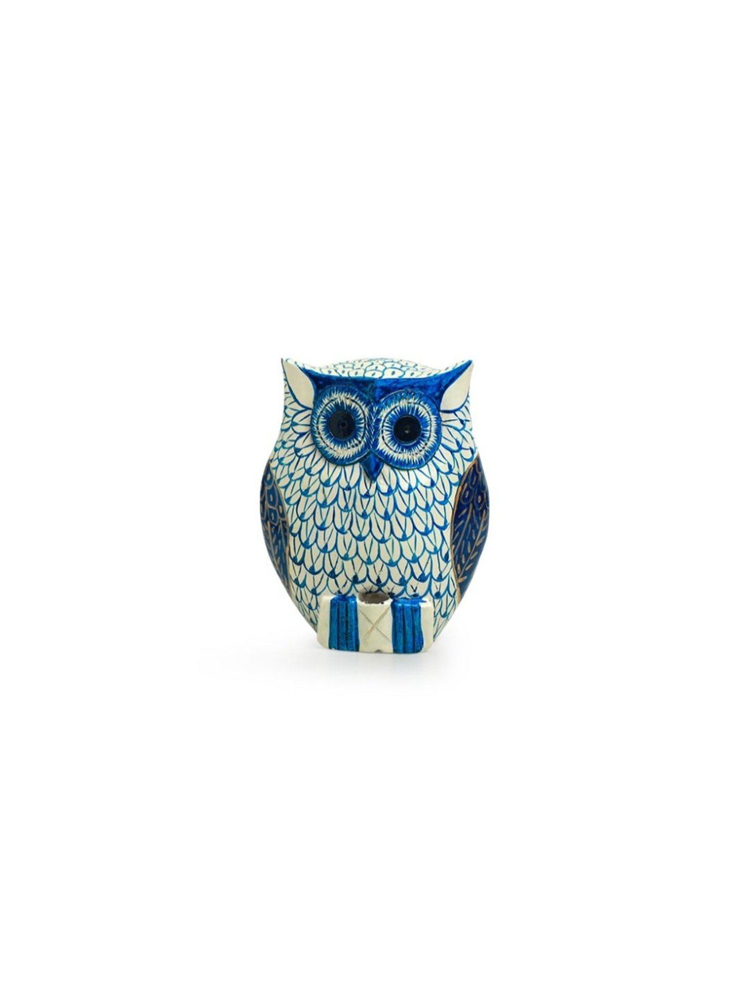 ExclusiveLane Hand-painted Ocean Blue & White Eucalyptus Wood The Staring Owl Showpiece