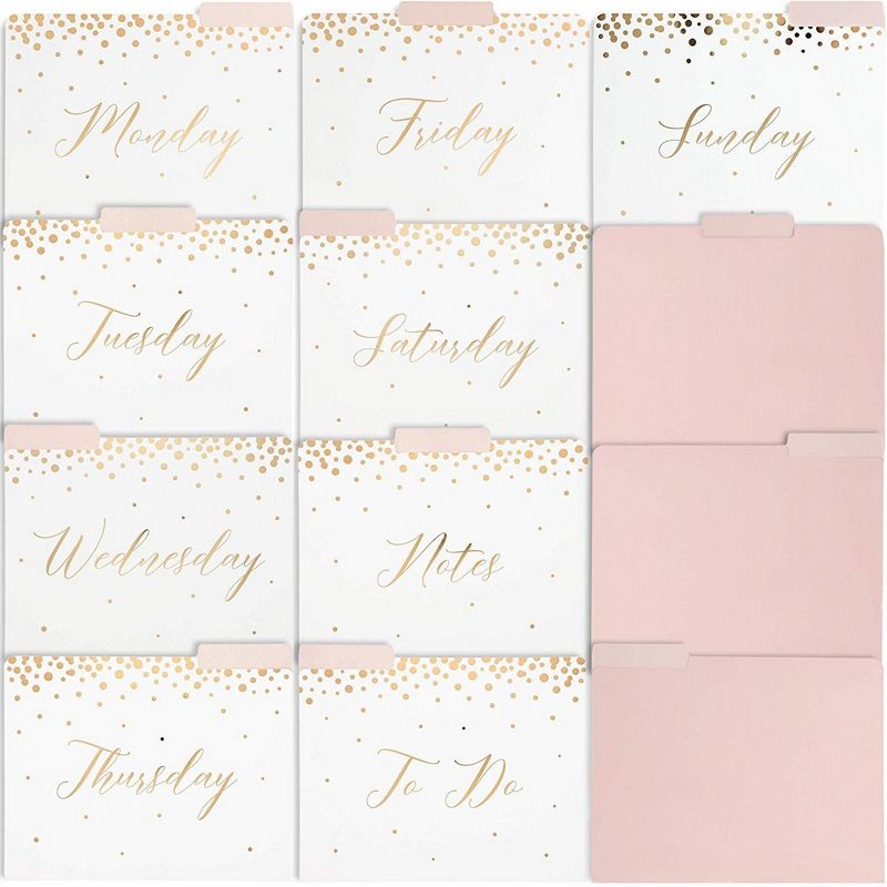 12-Pack Decorative File Folders, Monday to Sunday, Pink & Gold Foil Polka Dots, 9 x 11.5"