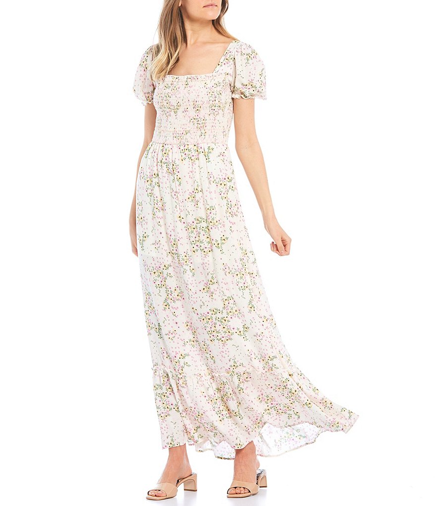 City Vibe Square-Neck Floral Print Tiered Skirt Maxi Dress