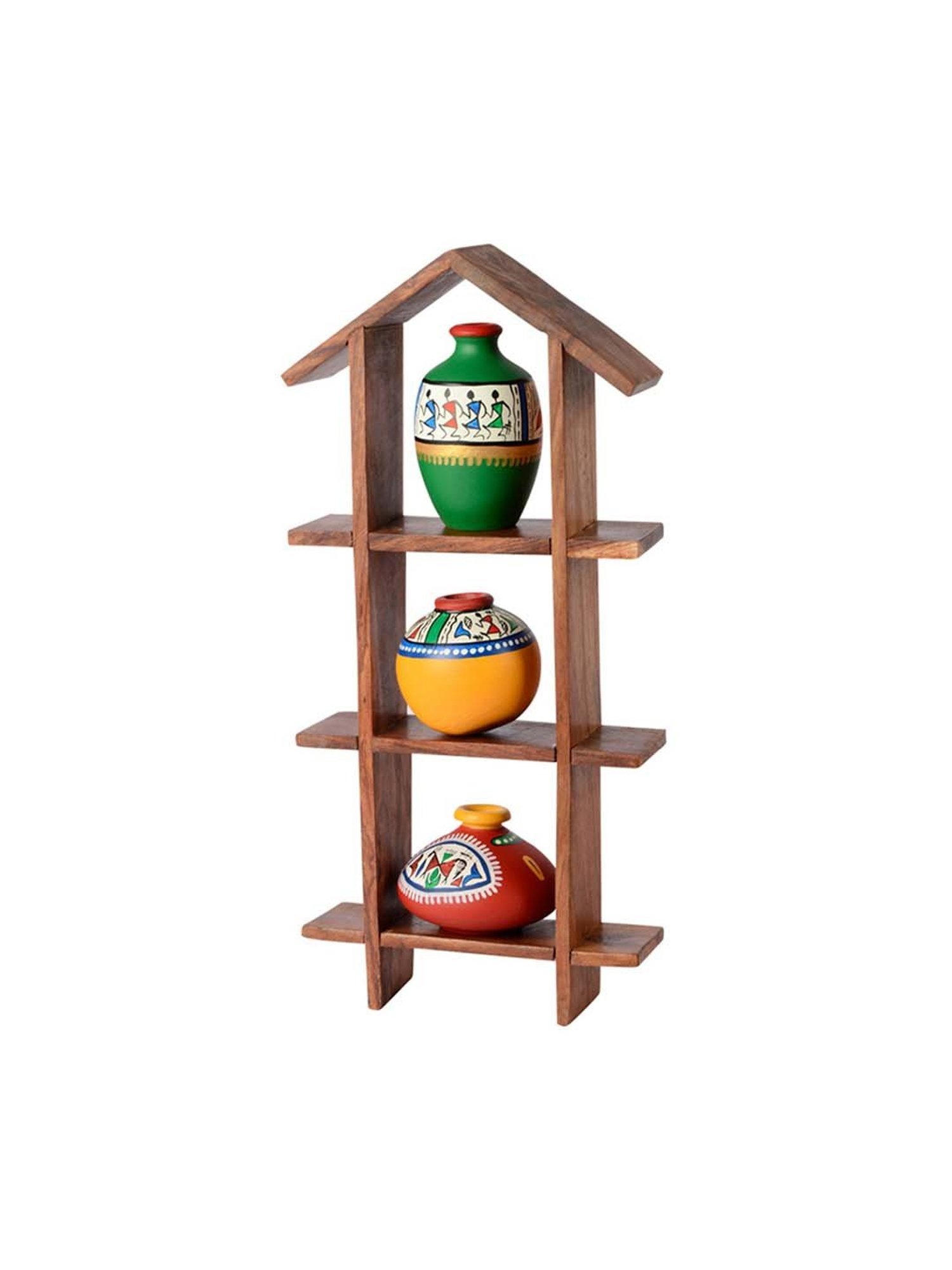 ExclusiveLane 3 Terracotta Warli Handpainted Pots With Sheesham Wooden Hut Frame Wall Hanging