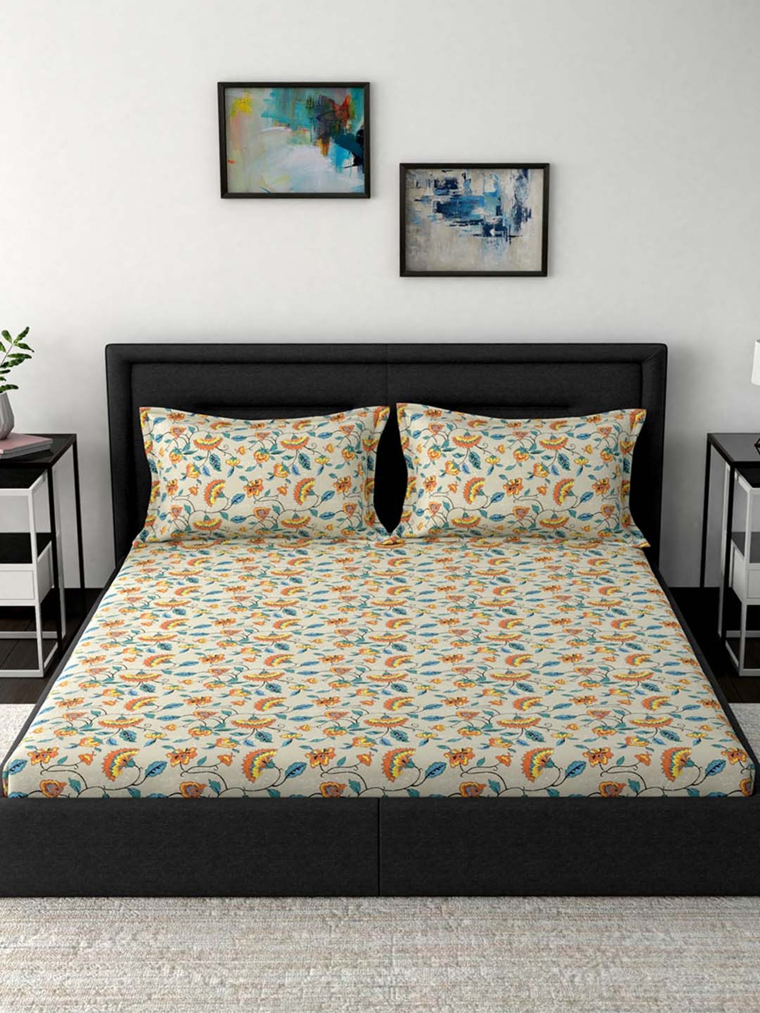 Maspar Modern Sanctuary Orange & Beige Cotton 160 TC Bed Sheet Set