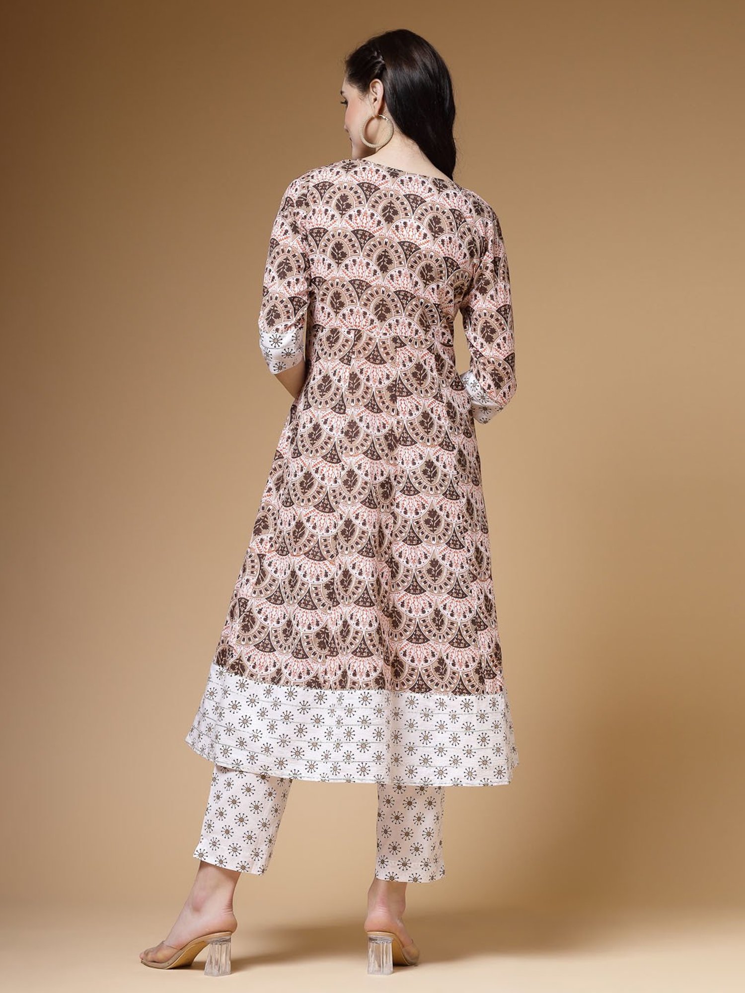 Indibelle Light Brown Cotton Printed A Line Kurta