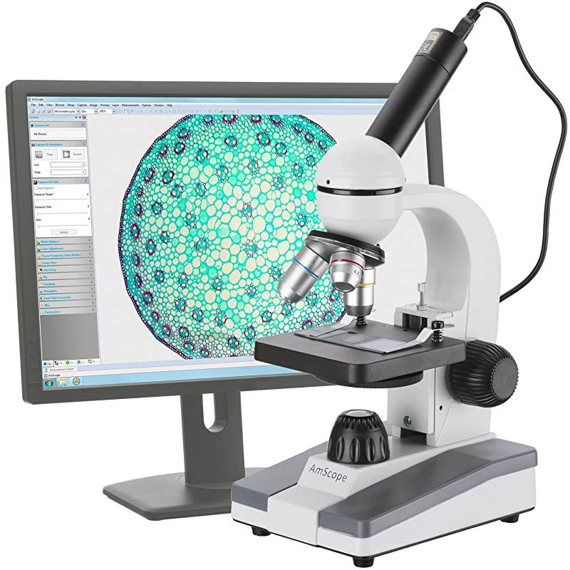 M148AE Digital Compound Monocular Microscope WF10x and WF16x Eyepieces 40x640x Magnification LED Illumination Brightfield SingleLens Condenser Plain Stage 110V or BatteryPowered Includes 03MP Camera
