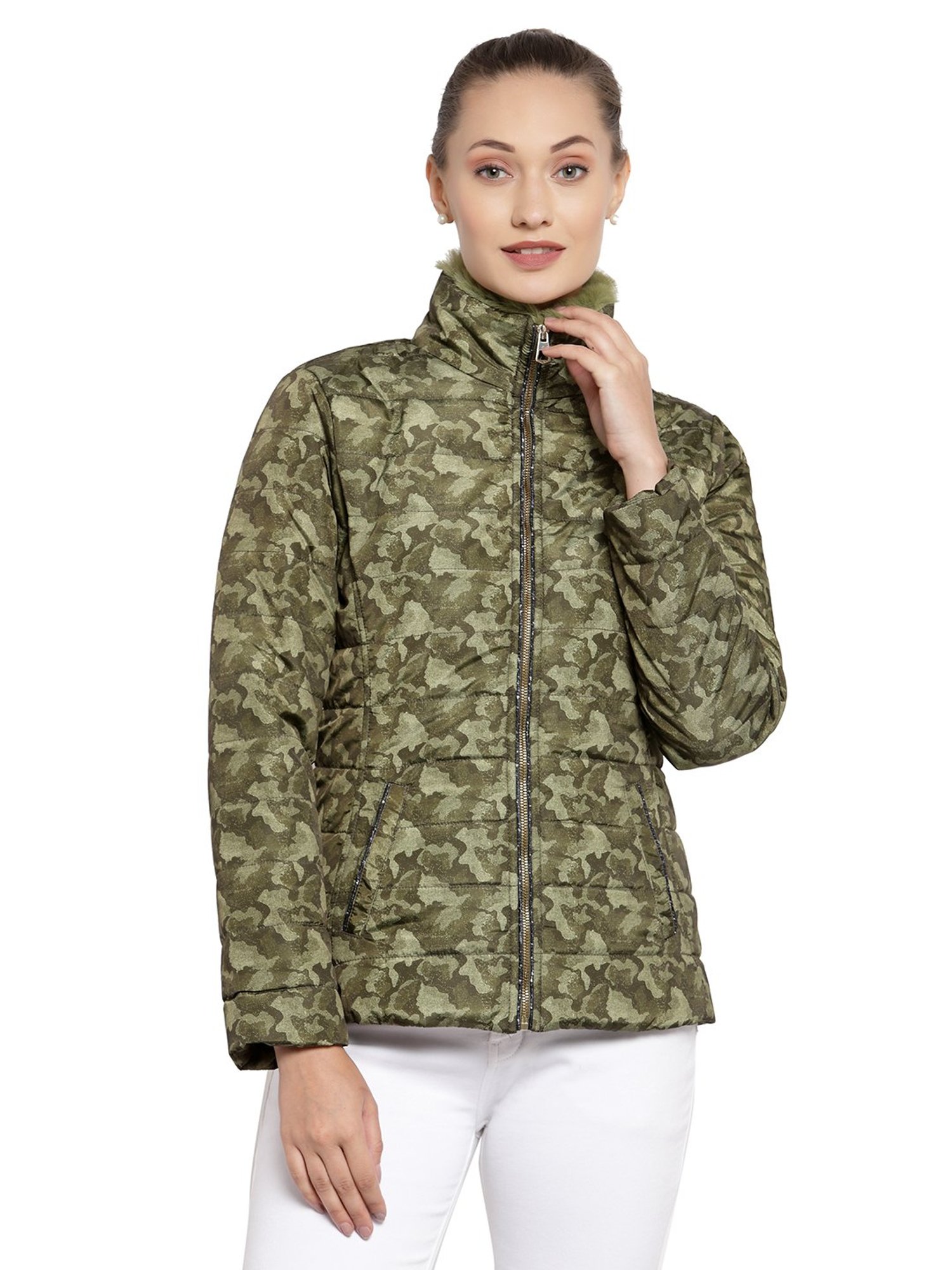 Juelle Olive Printed Full Sleeves Puffer Jacket