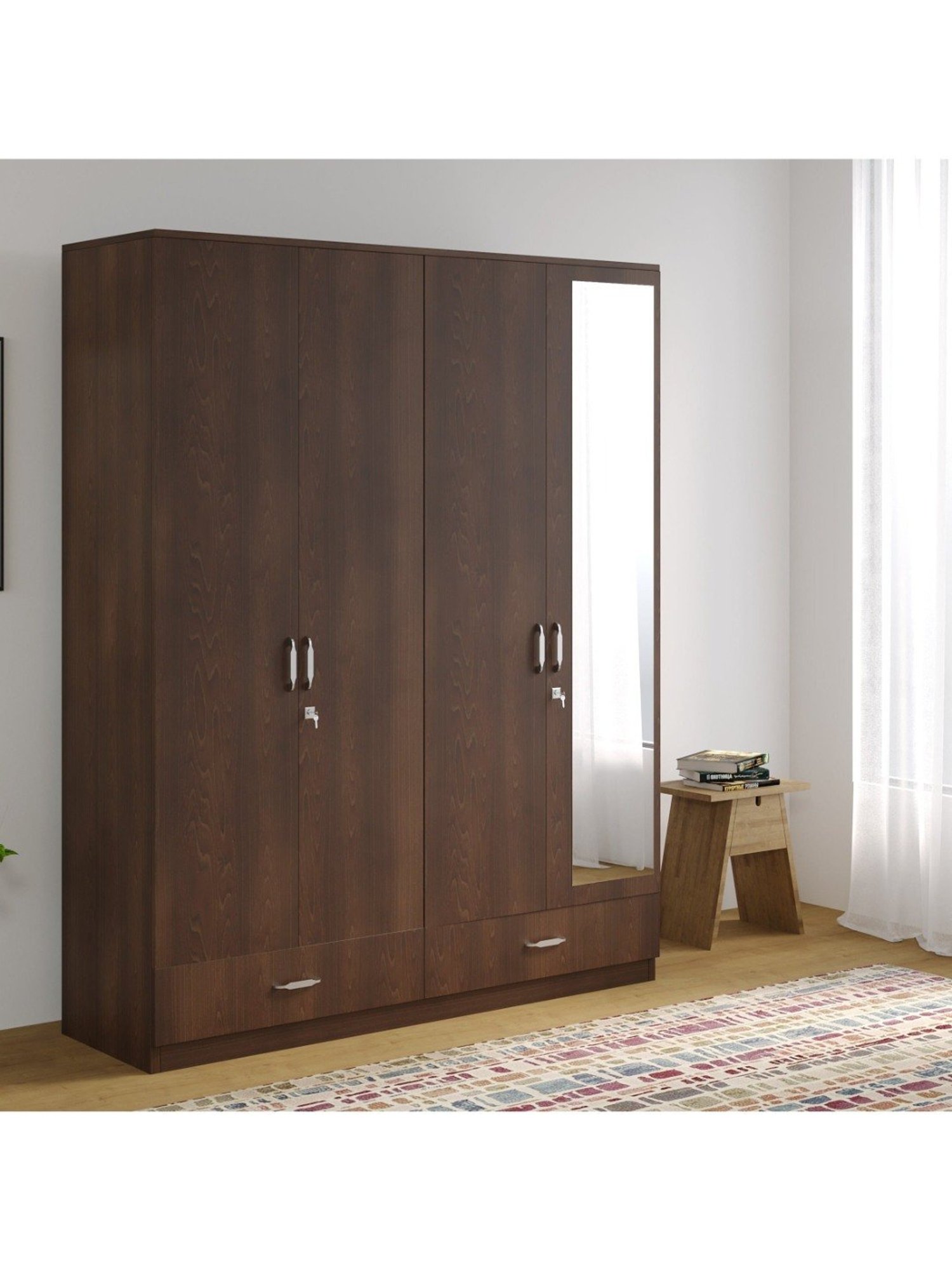 Nilkamal Mozart Walnut Engineered Wood 4 Door Wardrobe