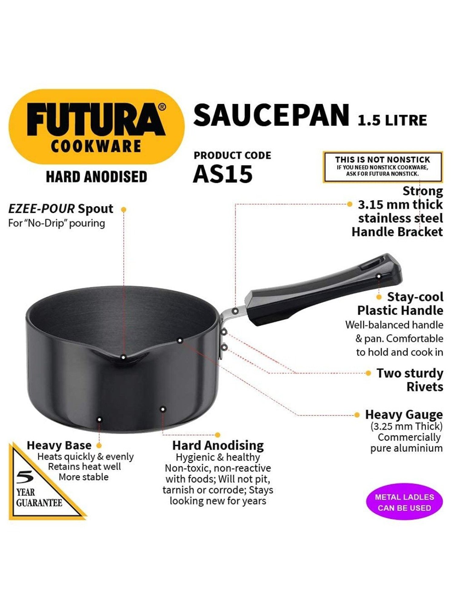Hawkins Futura Black Aluminium Hard Anodised Saucepan 1.5 L