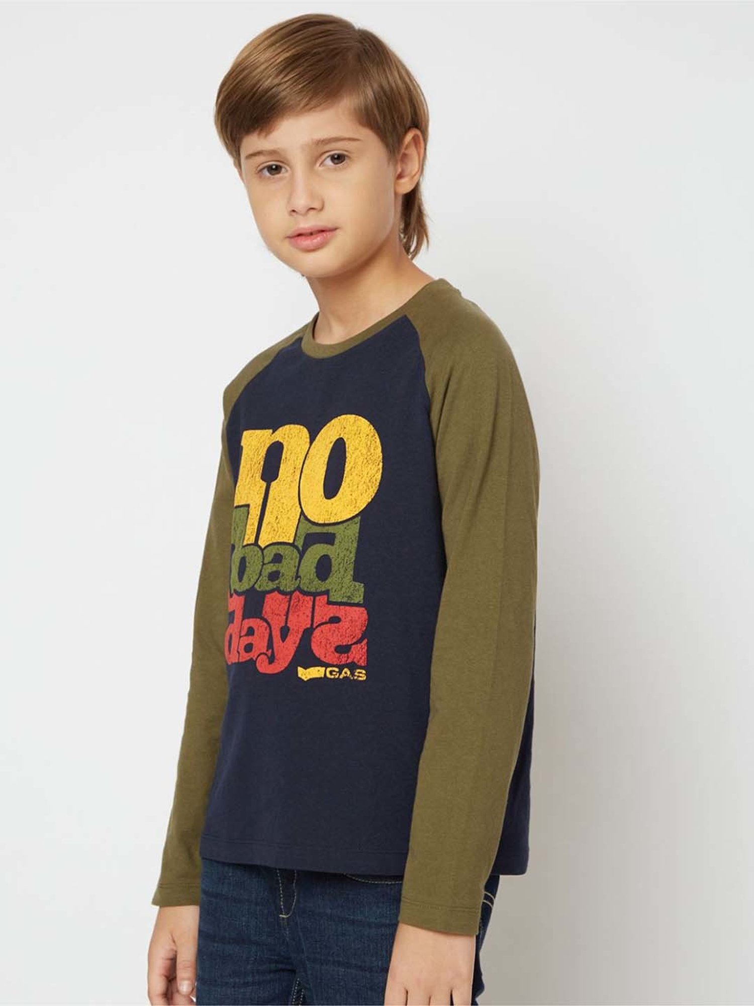 Gas Kids Navy & Green Cotton Printed Full Sleeves T-Shirt