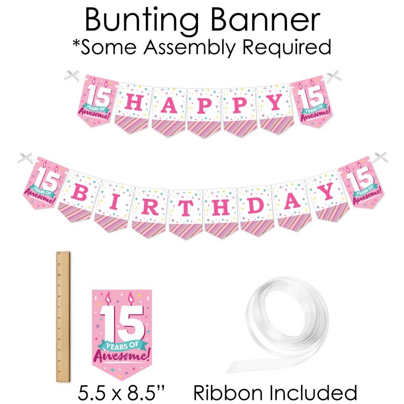 Big Dot of Happiness Girl 15th Birthday - Banner and Photo Booth Decorations - Teen Birthday Party Supplies Kit - Doterrific Bundle