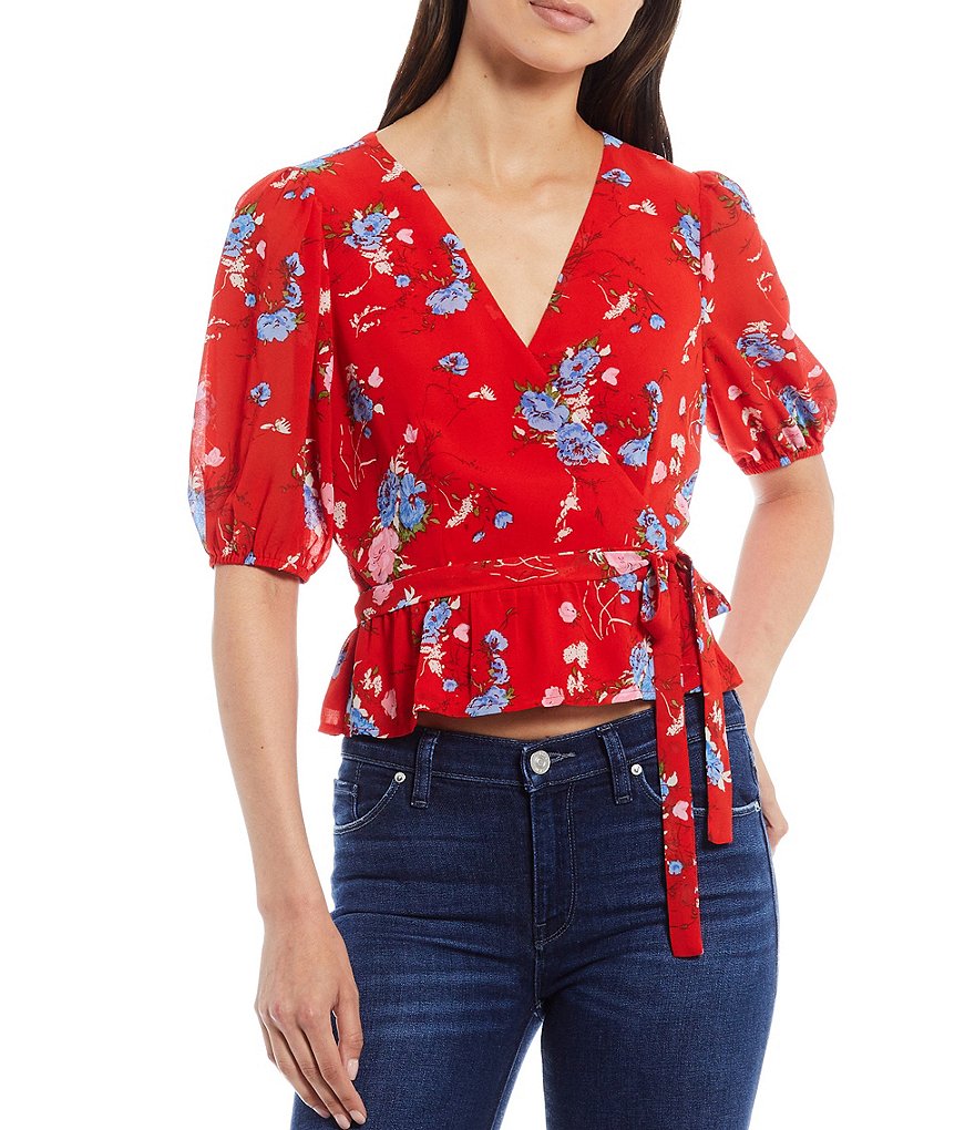 WAYF Floral Print Short Sleeve Wrap Top