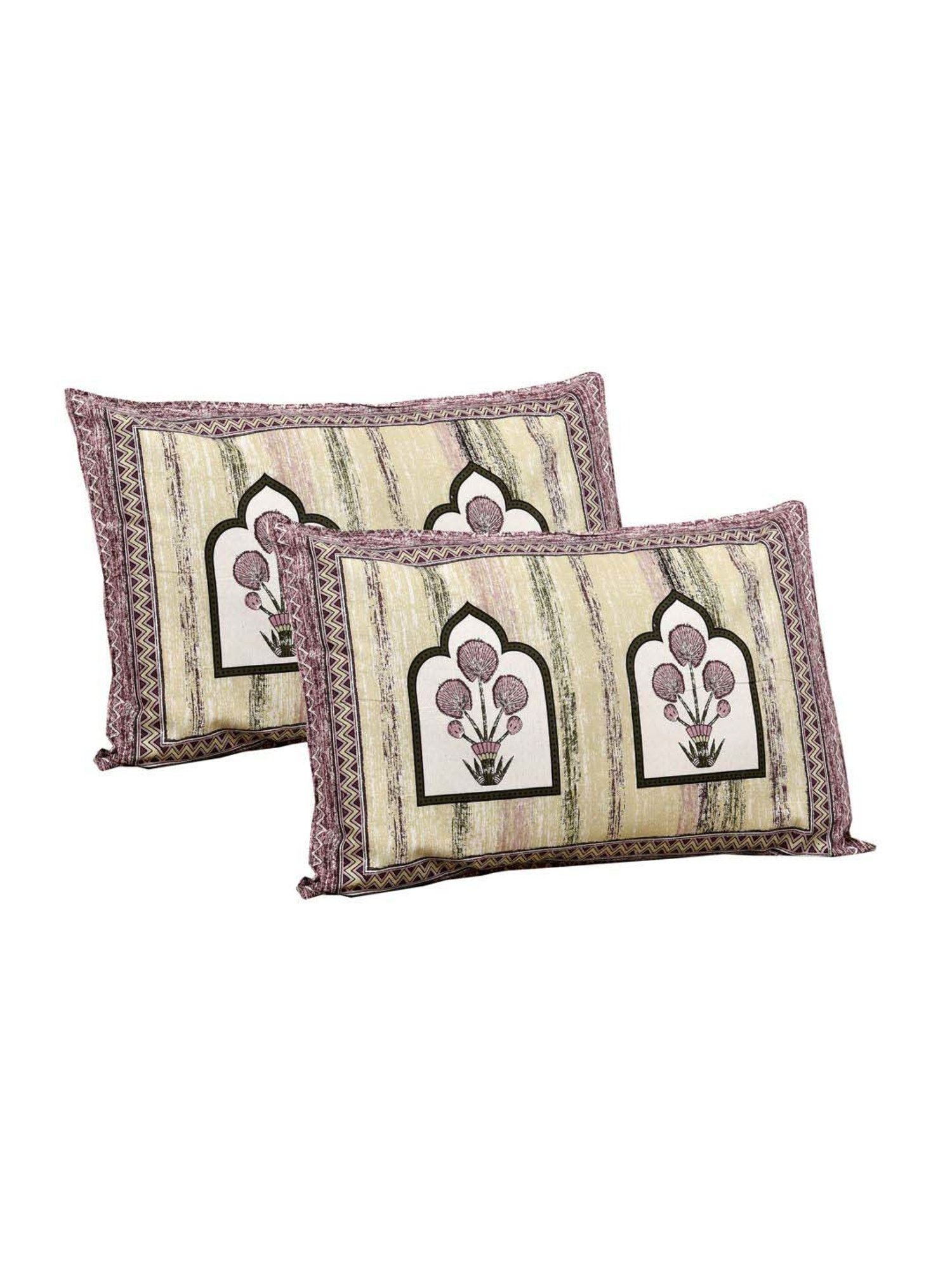 JaipurFabric Green & Purple 180 TC 100% Cotton Jharokha Double Bedsheet with 2 Pillow Covers