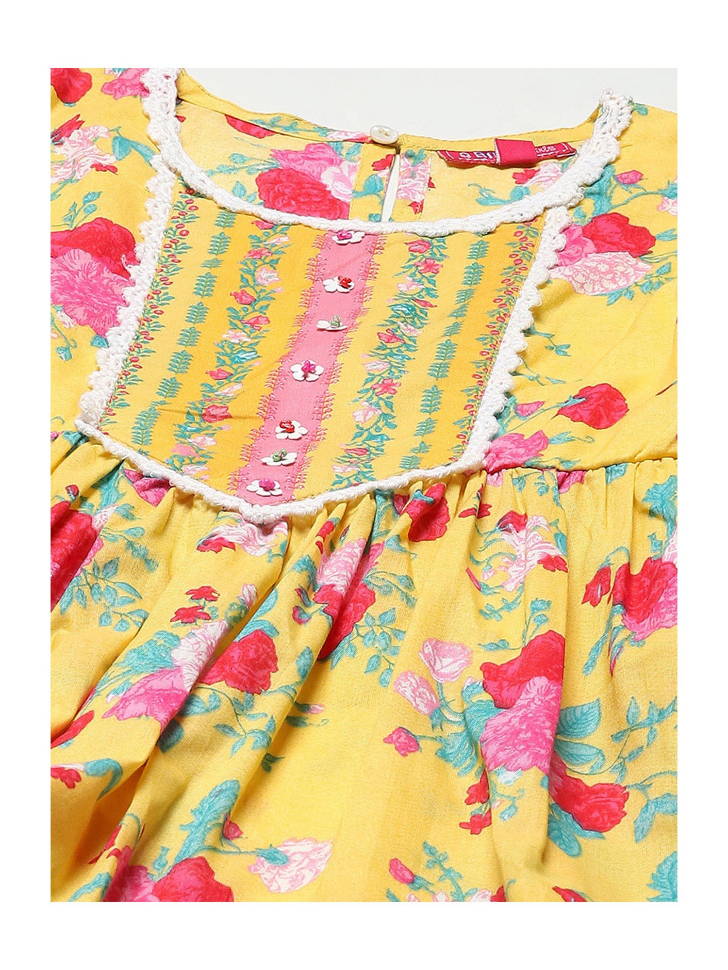 BIBA Girls Yellow & Pink Printed Kurta, Sharara with Dupatta