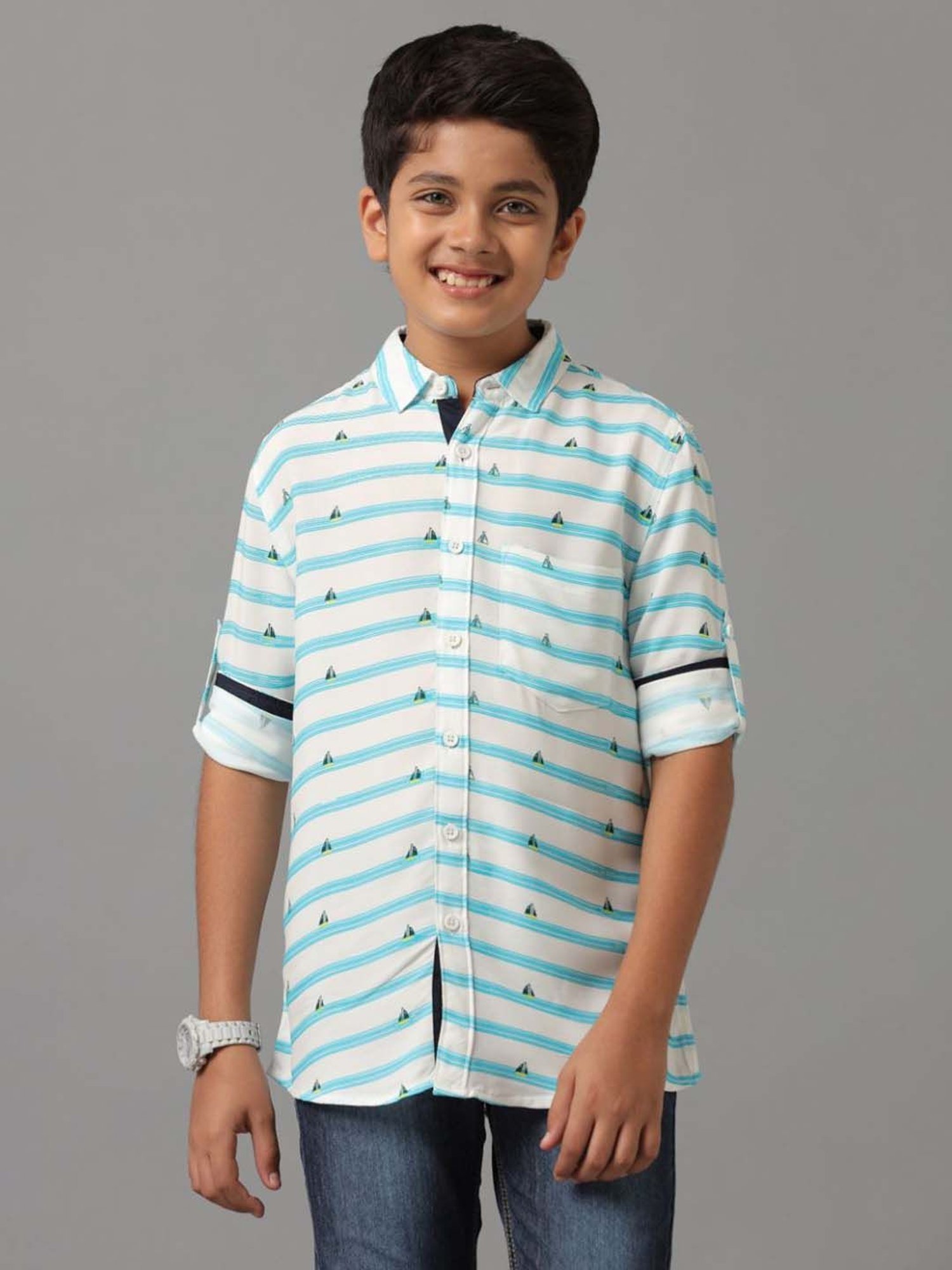 Under Fourteen Only Kids Green Printed Full Sleeves Shirt