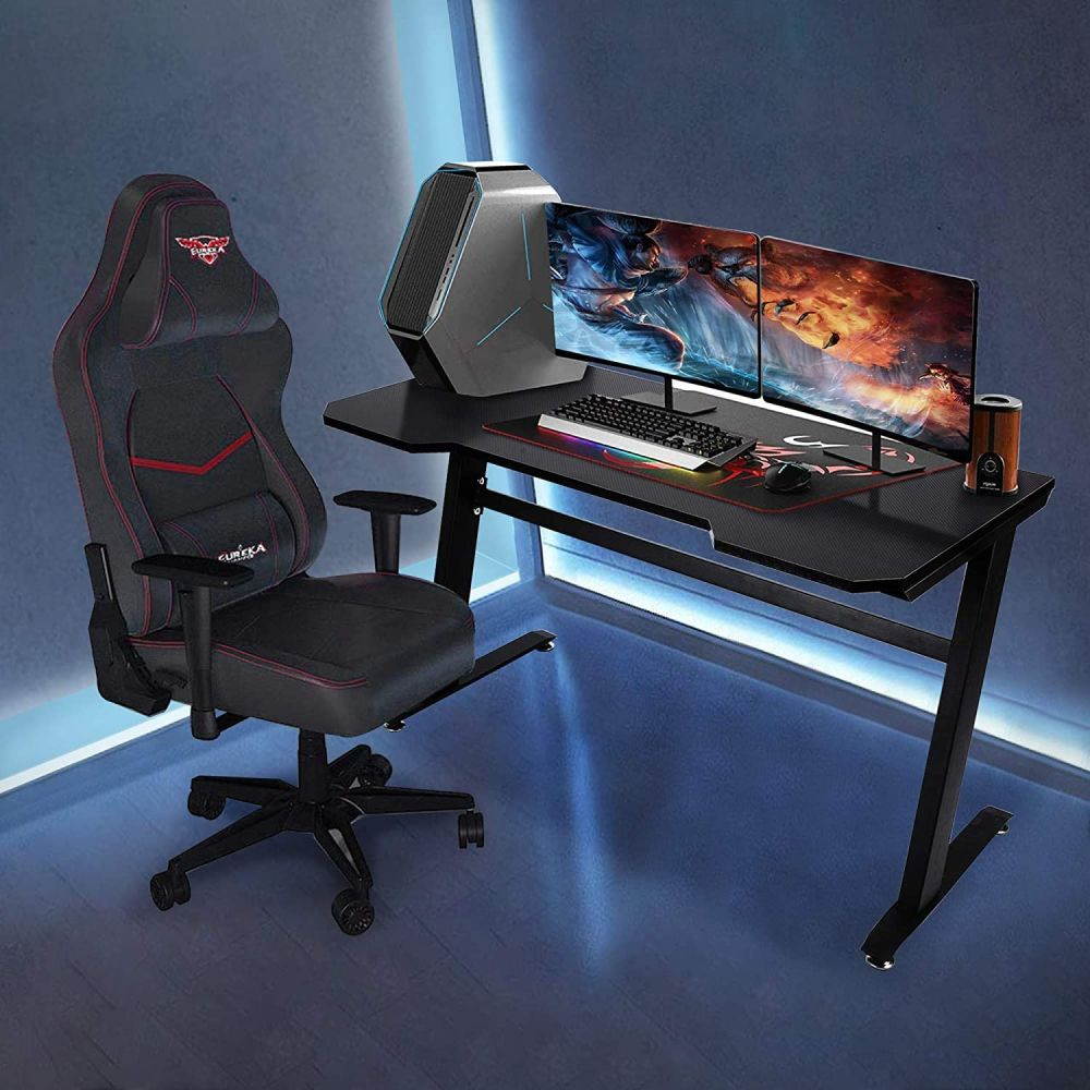 Onewell Gaming Table 47.2" W x 23.6" D Home Office Computer PC Desk Gaming Table Curve Design for Men Boyfriend Female Gift, Black Gamer Workstation, with 2 Cable Management Holes XH