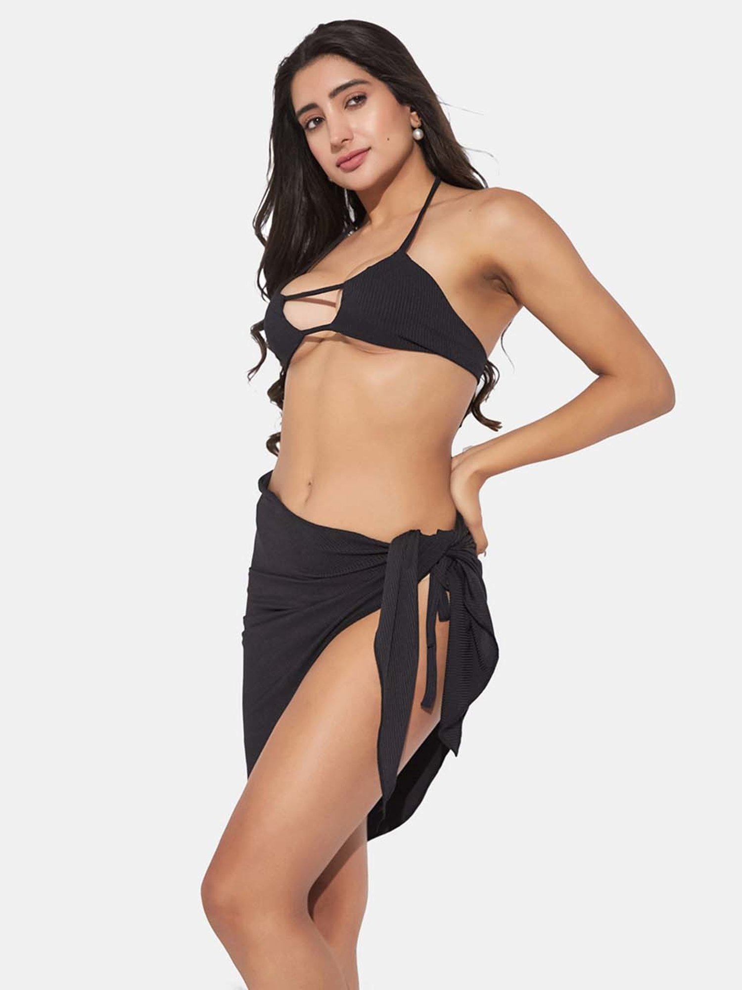 Secrets By ZeroKaata Black Plain Swimwear Bra Panty Set With Sarong