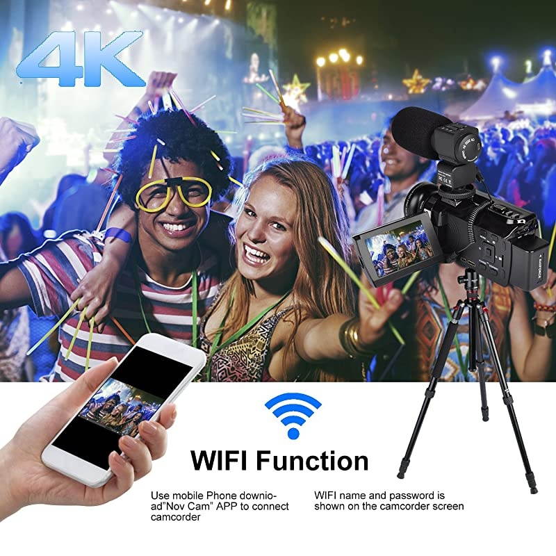 4K Video Camera  Camcorder, WiFi Vlogging Camera for YouTube with Microphone, 60FPS 48MP Ultra HD 16X Digital Zoom Night Vision Camera with IR Flashlight, Wide Angle Lens (2 Batteries Included)