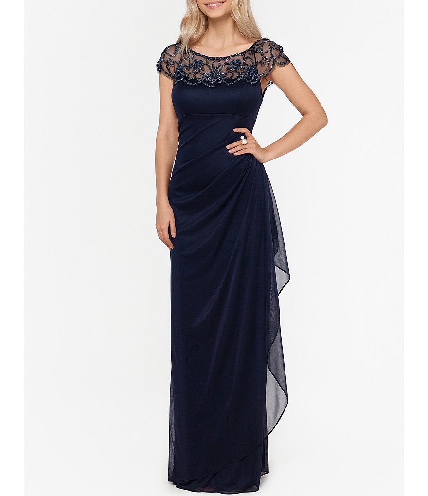 Xscape Beaded Cap Sleeve Illusion Neck Ruched Gown