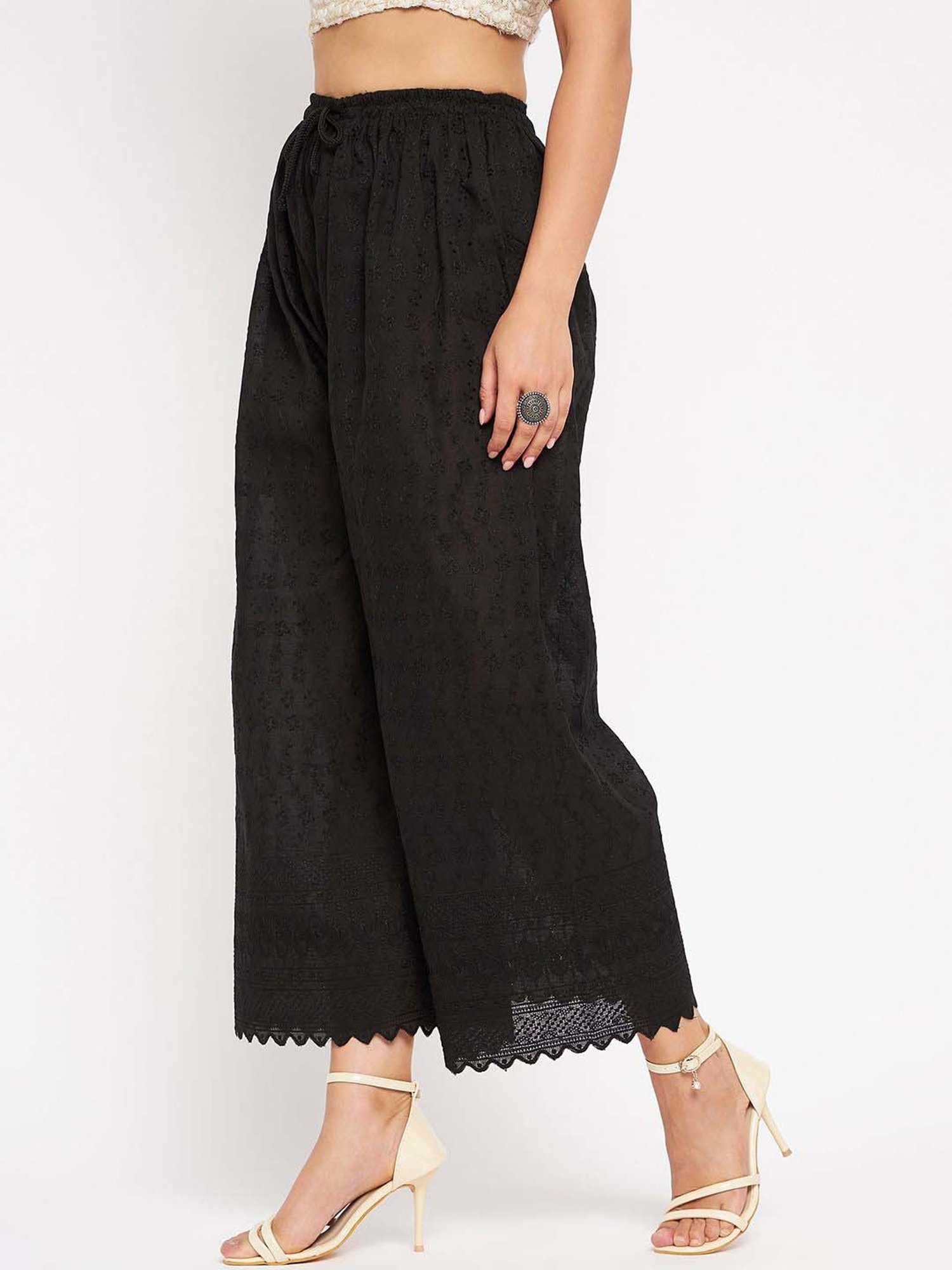 Castle Black Cotton Embroidered Palazzos