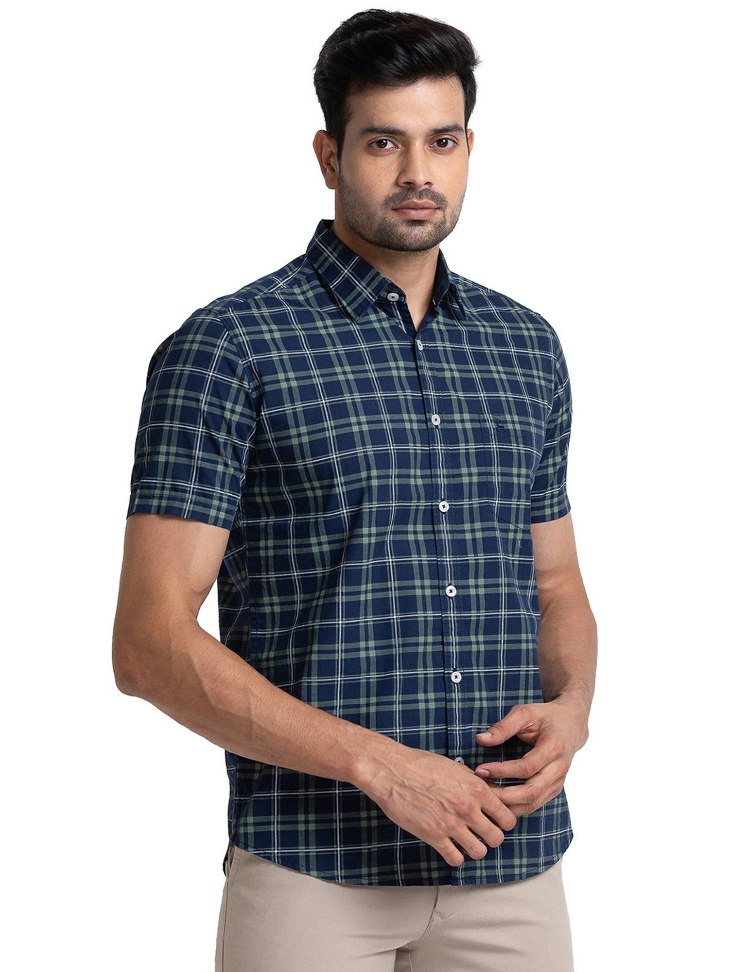 Parx Green & Navy Slim Fit Check Shirt