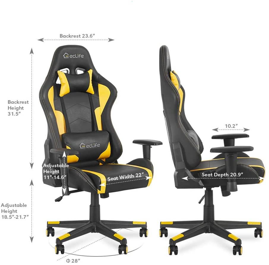 Eclife High Back Computer Game Chair with Adjustable Massage Lumbar Support and Headrest Racing Style Swivel Executive Office Desk Gaming Chair