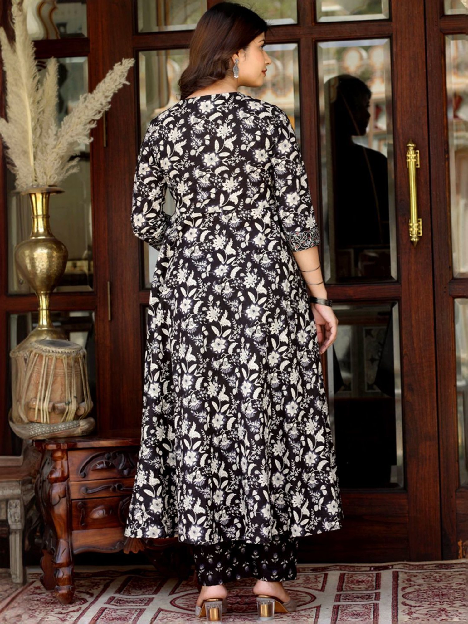Miravan Black & White Cotton Embroidered Kurta Palazzo Set
