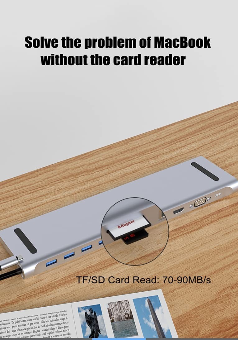 Rome Care USB C Docking Station, 11 in 1 Type C Hub with 4K HDMI Ports, RJ45 Ethernet, 4 USB 3.0 Ports, SD/TF Cards Reader, PD USB-C Charging Port, Audio/Mic, for Mac OS and Windows