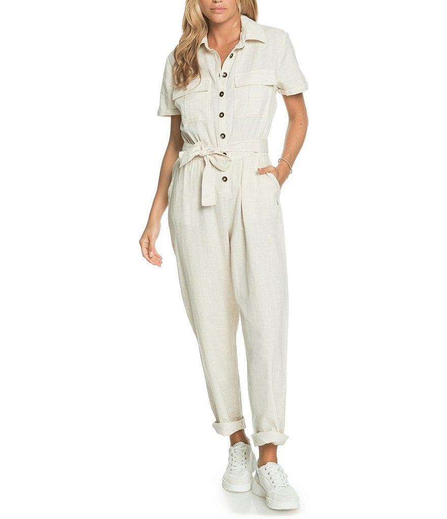 Roxy Beach Wonderland Short-Sleeve Linen-Blend Jumpsuit