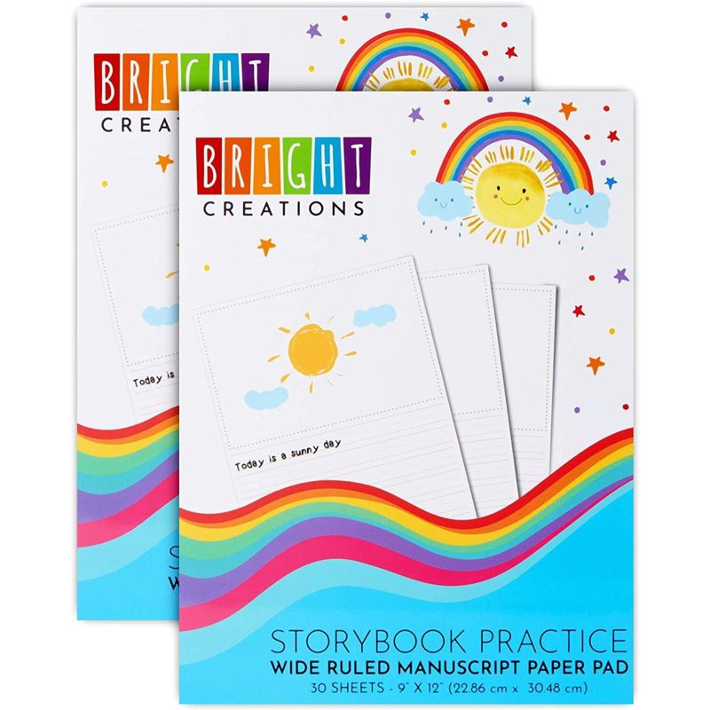 Bright Creations 2 Pack Wide Ruled Manuscript Paper Pad for Kids (9 x 12 in, 30 Sheets Per Pack)