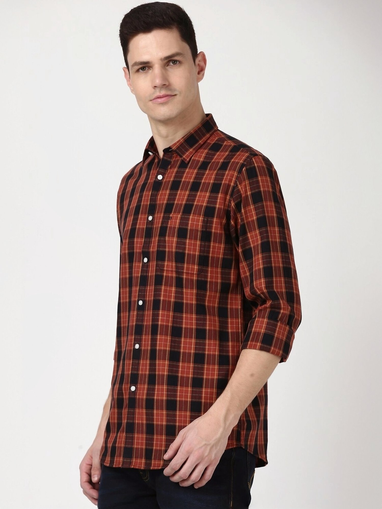Spykar Blue Cotton Slim Fit Checks Shirt