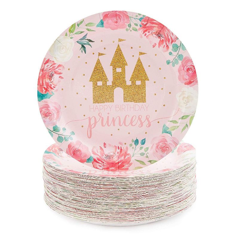 Blue Panda 80 Pack Pink Princess Castle Disposable Plates 9 Inches Kids Birthday Baby Shower Party Supplies
