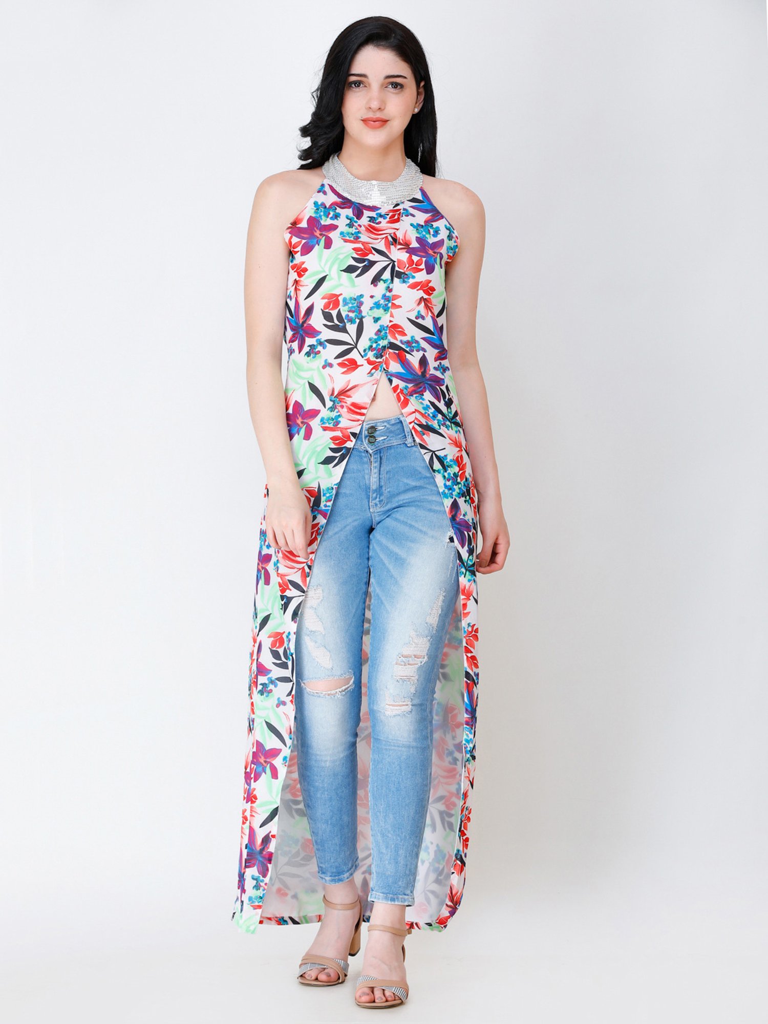 Scorpius White Embellished Long Top