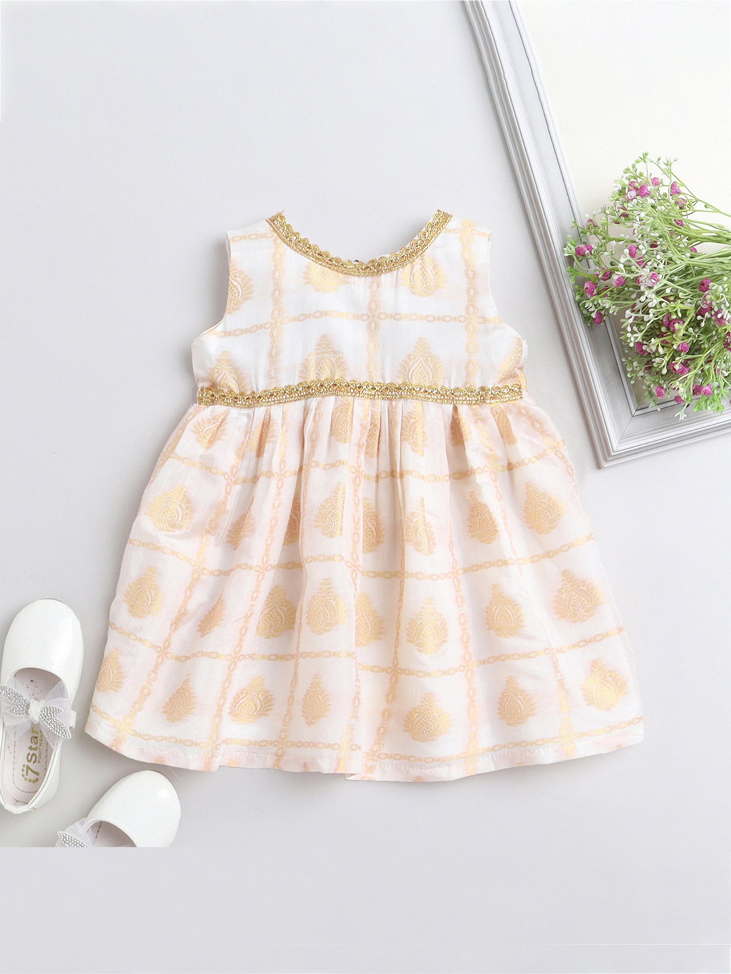 Many Frocks Kids Cream Printed Dress