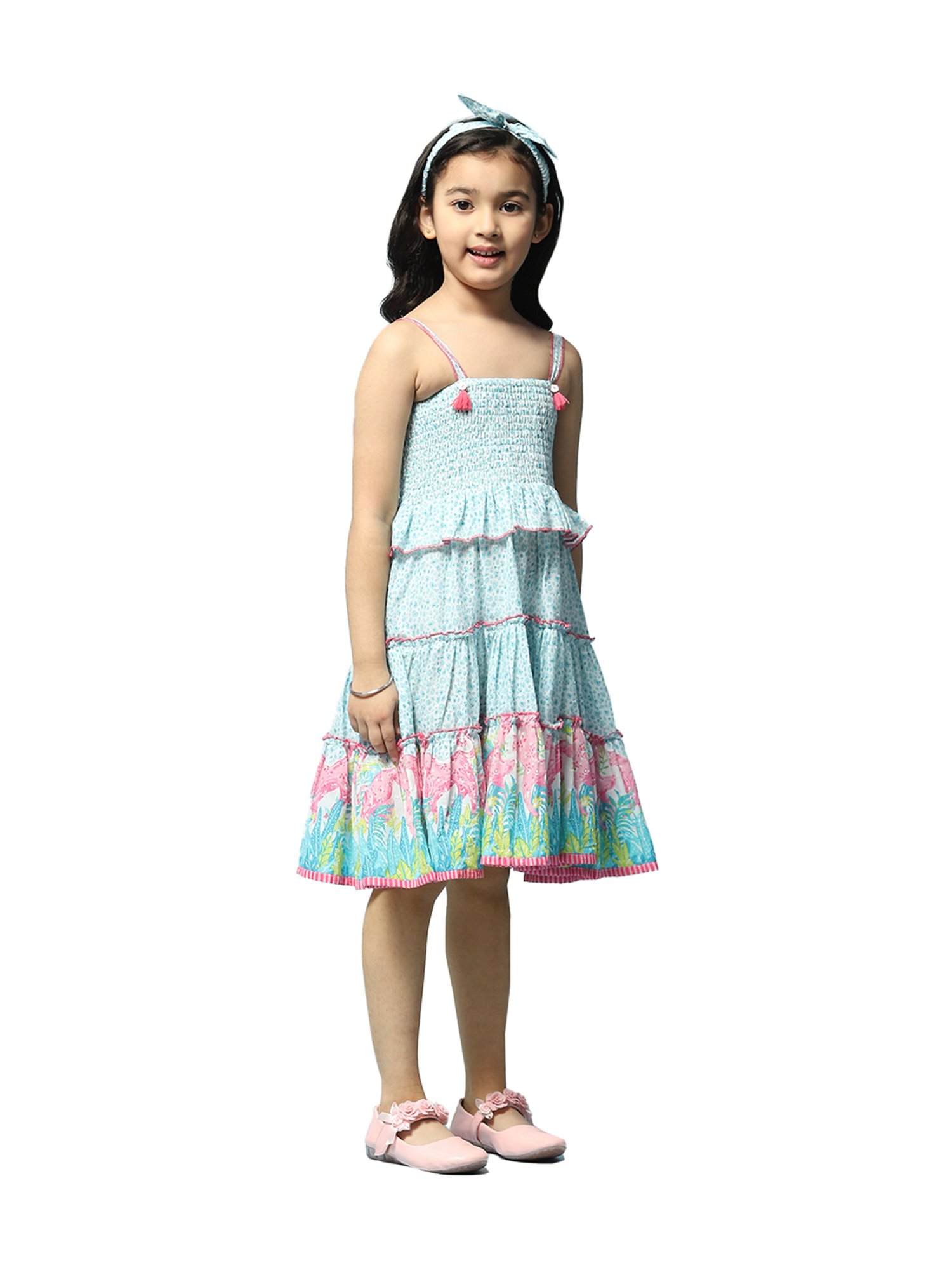 BIBA Girls Kids Turquoise Blue Cotton Printed Dress