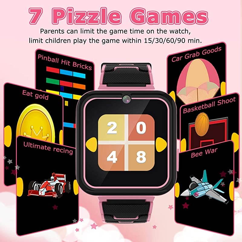 Watch for Kids Boys Girls, 1.57'' HD Touch Screen 7 Puzzle Game Music Player watch with Alarm Clock Recorder Torch for Children Birthday Learning Gifts Teen Students ( Pink)
