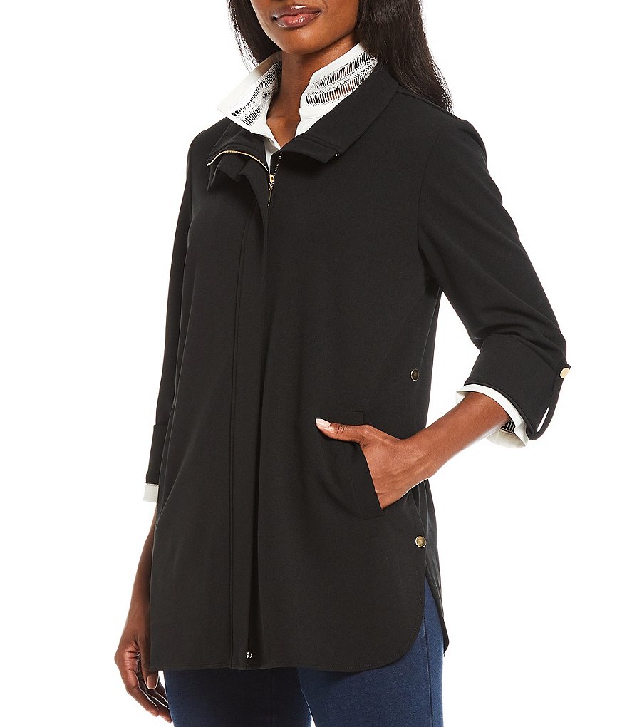 Ming Wang Deco Crepe 3/4 Sleeve Zip-Front Shirt Jacket