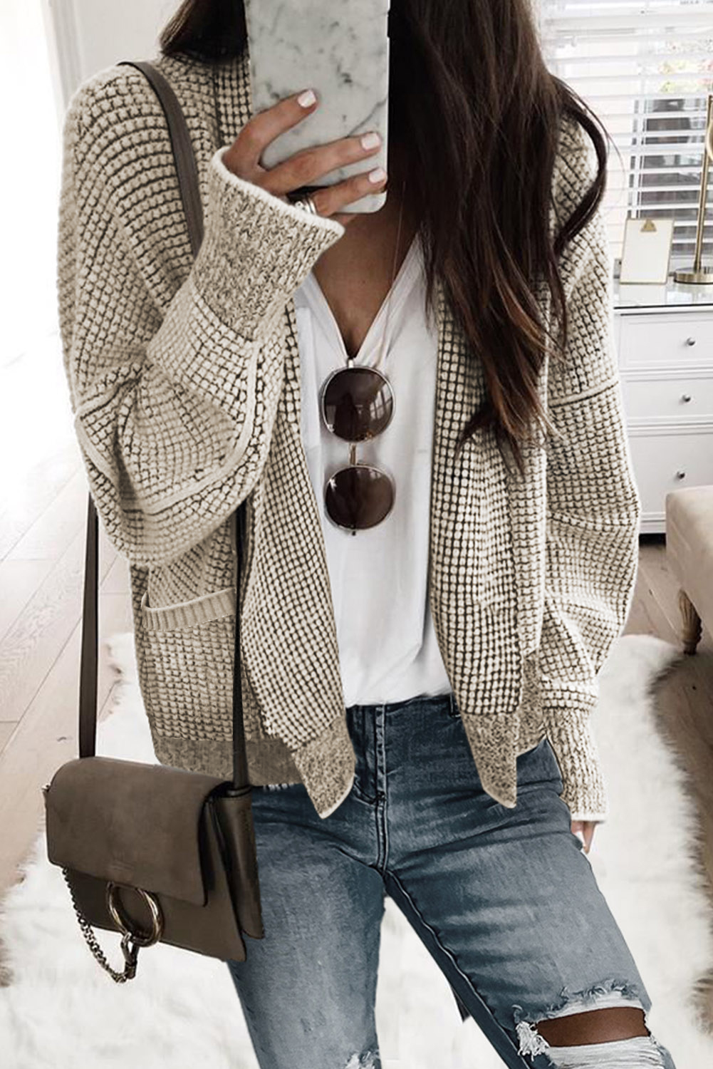 Apricot Chunky Knit Pockets Drop Sleeve Cardigan