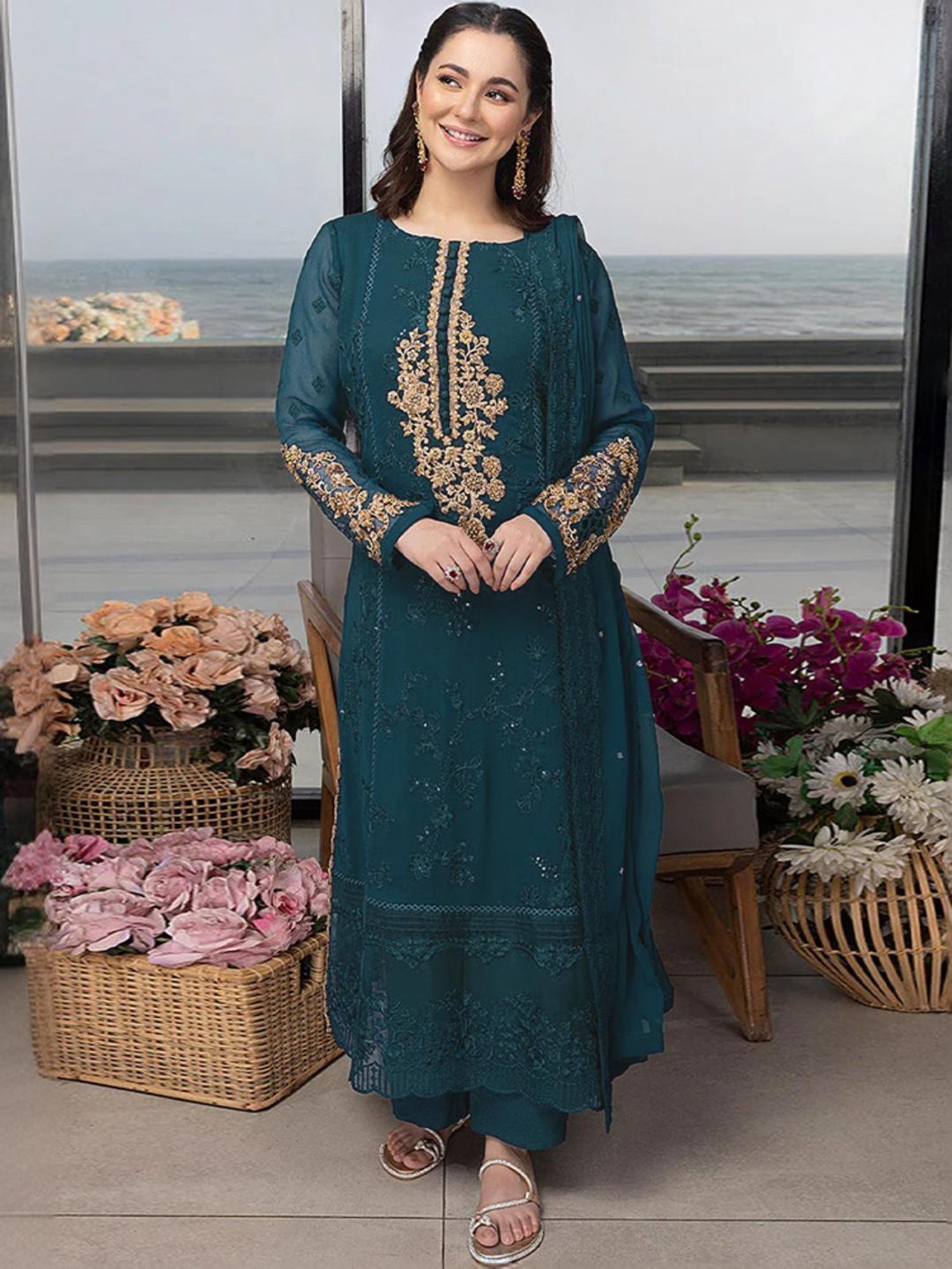 Odette Teal Blue Embroidered Unstitched Dress Material