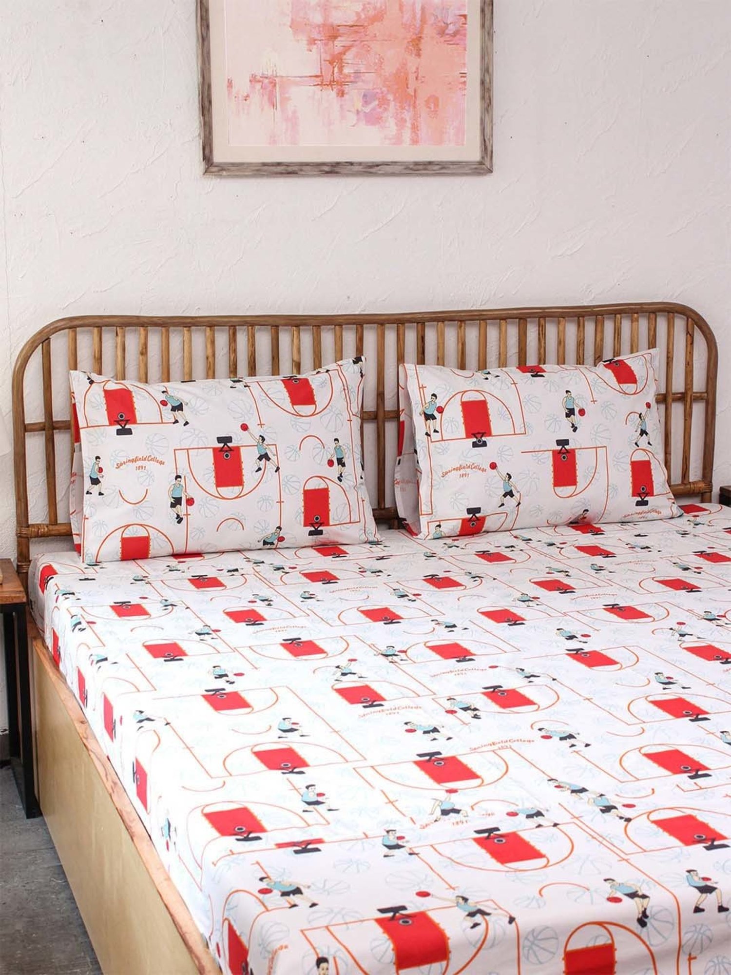 House This Krida Printed Red Cotton Double Bed Sheet with 2 Pillow Covers