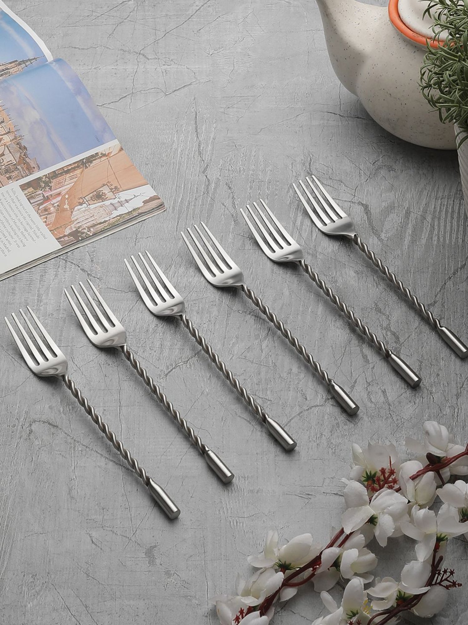 VarEesha Silver Stainless Steel Twisted Handle Forks - Set of 6