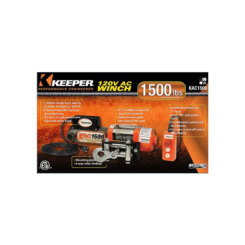 Keeper KAC15042 110/120 Volt AC 1500 Pound Capacity Garage and Workshop Electric Winch with Hand Held Corded Remote and 42 Foot Galvanized Wire Rope