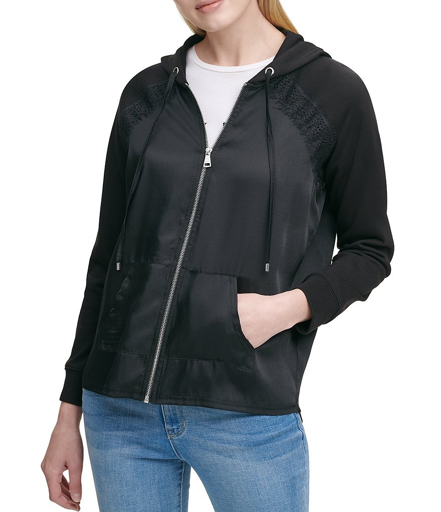DKNY Mixed Media Zip Front Hoodie