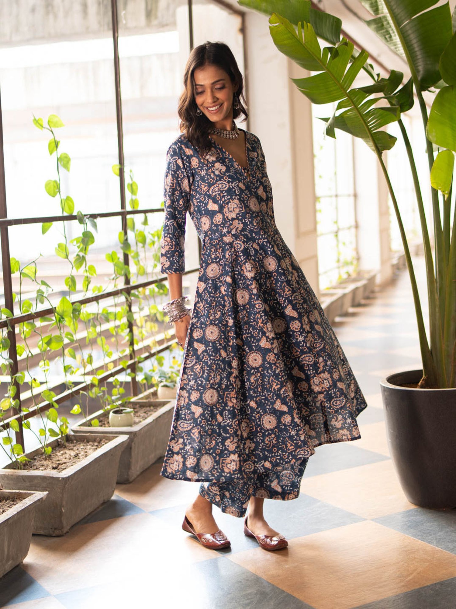 Akiso Blue Block Printed Anarkali Kurta Set With Hand Embroidery Details (Set Of 2)